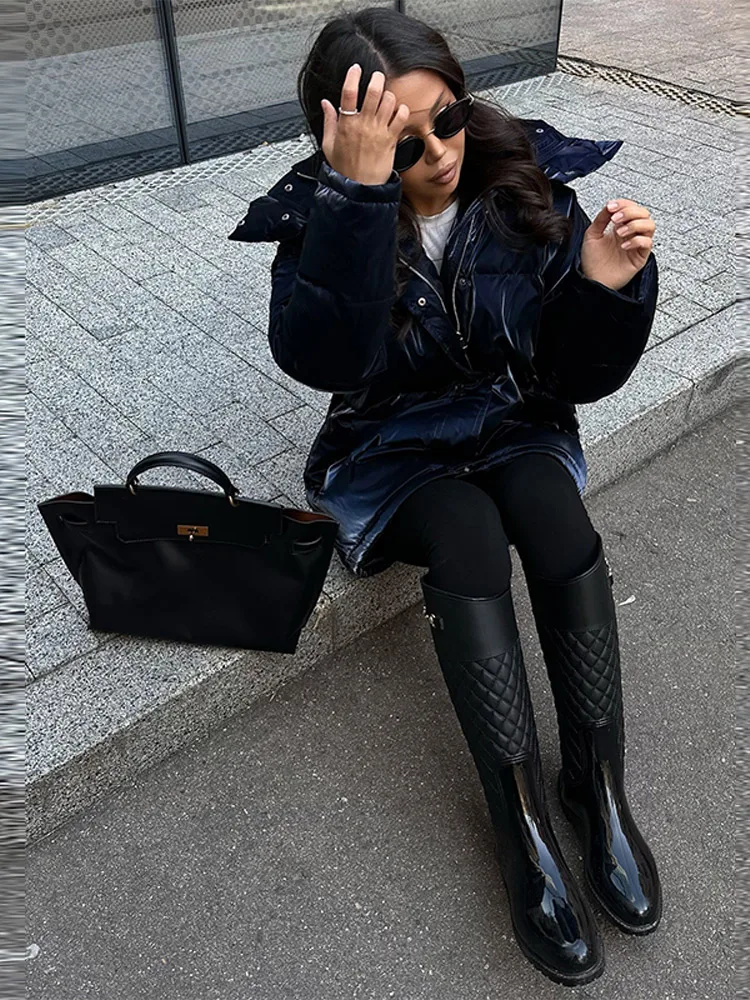 Women's Glossy Autumn Winter Hooded Cotton Padded Jacket Loose Long Sleeve Lace Up Warm Coat 2025 New Lady Fashion Party Outwear