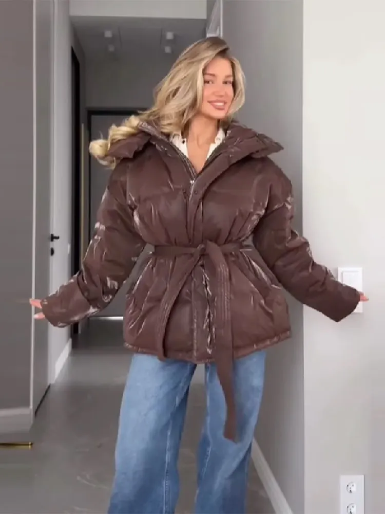 Women's Glossy Autumn Winter Hooded Cotton Padded Jacket Loose Long Sleeve Lace Up Warm Coat 2025 New Lady Fashion Party Outwear