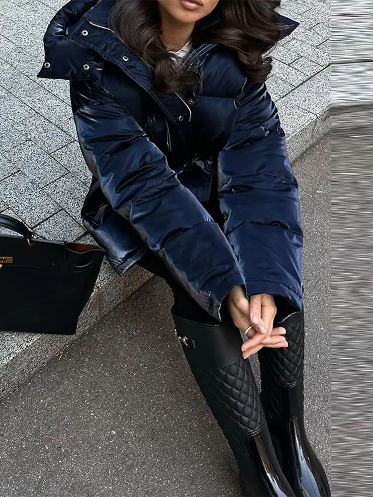 Women's Glossy Autumn Winter Hooded Cotton Padded Jacket Loose Long Sleeve Lace Up Warm Coat 2025 New Lady Fashion Party Outwear