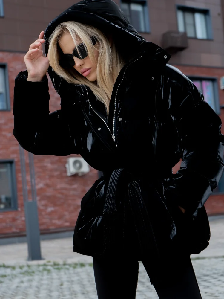 Women's Glossy Autumn Winter Hooded Cotton Padded Jacket Loose Long Sleeve Lace Up Warm Coat 2025 New Lady Fashion Party Outwear