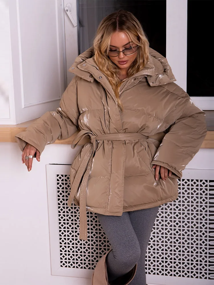 Women's Glossy Autumn Winter Hooded Cotton Padded Jacket Loose Long Sleeve Lace Up Warm Coat 2025 New Lady Fashion Party Outwear