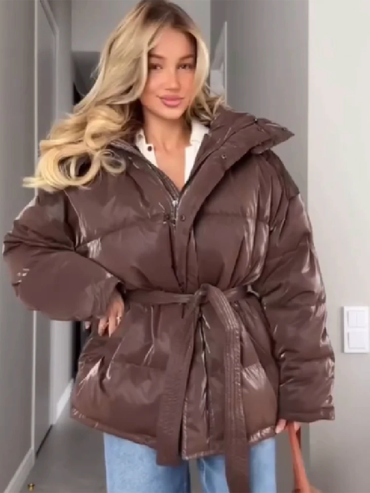 Women's Glossy Autumn Winter Hooded Cotton Padded Jacket Loose Long Sleeve Lace Up Warm Coat 2025 New Lady Fashion Party Outwear