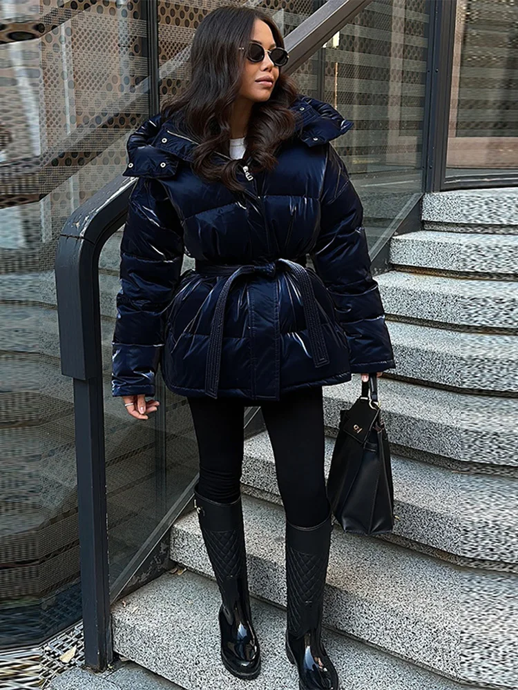 Women's Glossy Autumn Winter Hooded Cotton Padded Jacket Loose Long Sleeve Lace Up Warm Coat 2025 New Lady Fashion Party Outwear