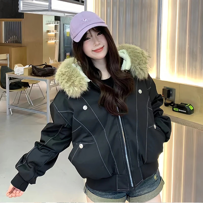 2026 American Retro Fur Collar Hooded Parkas Trend High Street Short Winter Jacket for Women Y2K Fashion Cotton Padded Outwear