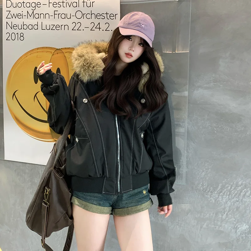 2026 American Retro Fur Collar Hooded Parkas Trend High Street Short Winter Jacket for Women Y2K Fashion Cotton Padded Outwear