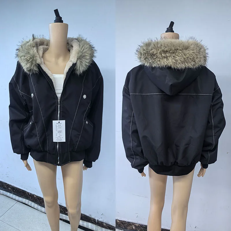 2026 American Retro Fur Collar Hooded Parkas Trend High Street Short Winter Jacket for Women Y2K Fashion Cotton Padded Outwear