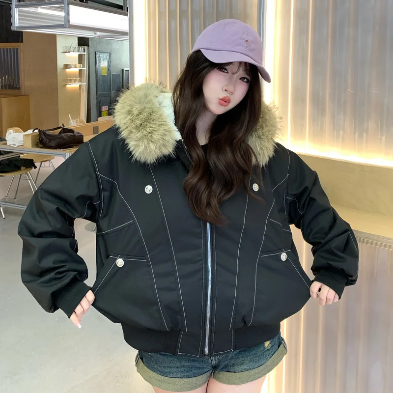 2026 American Retro Fur Collar Hooded Parkas Trend High Street Short Winter Jacket for Women Y2K Fashion Cotton Padded Outwear