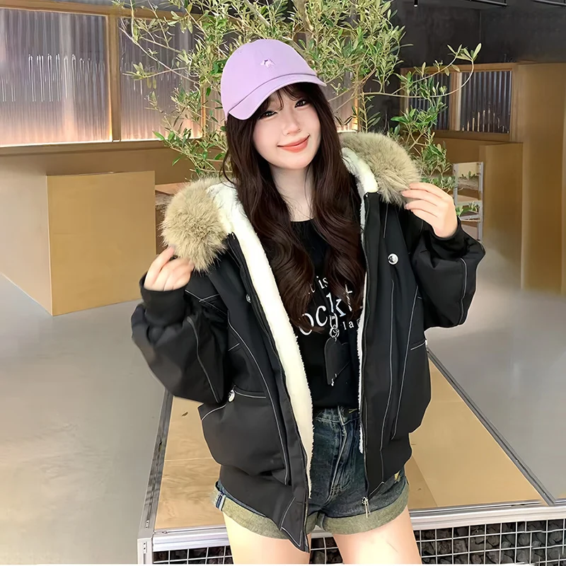 2026 American Retro Fur Collar Hooded Parkas Trend High Street Short Winter Jacket for Women Y2K Fashion Cotton Padded Outwear