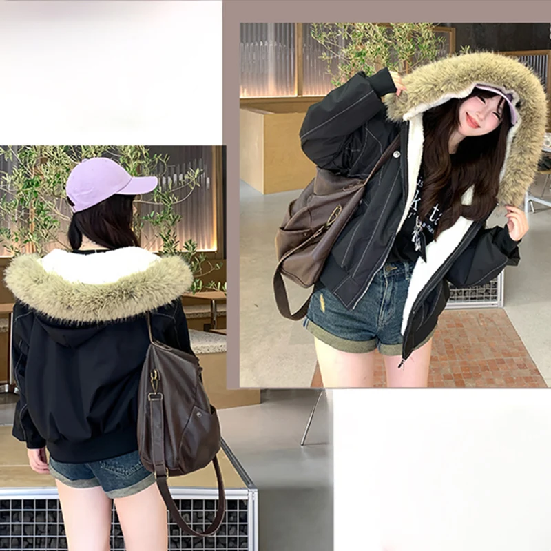 2026 American Retro Fur Collar Hooded Parkas Trend High Street Short Winter Jacket for Women Y2K Fashion Cotton Padded Outwear