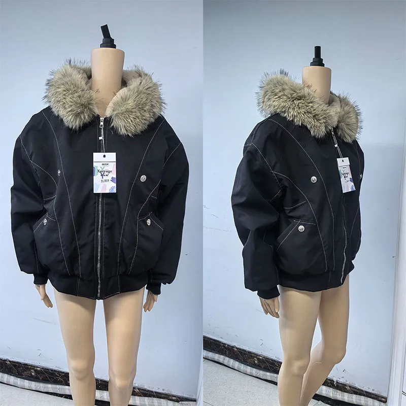 2026 American Retro Fur Collar Hooded Parkas Trend High Street Short Winter Jacket for Women Y2K Fashion Cotton Padded Outwear
