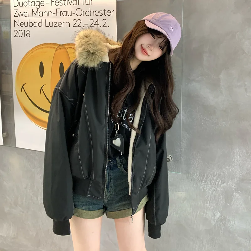 2026 American Retro Fur Collar Hooded Parkas Trend High Street Short Winter Jacket for Women Y2K Fashion Cotton Padded Outwear