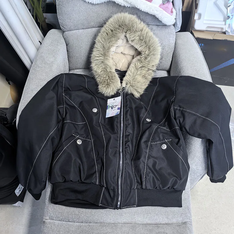 2026 American Retro Fur Collar Hooded Parkas Trend High Street Short Winter Jacket for Women Y2K Fashion Cotton Padded Outwear