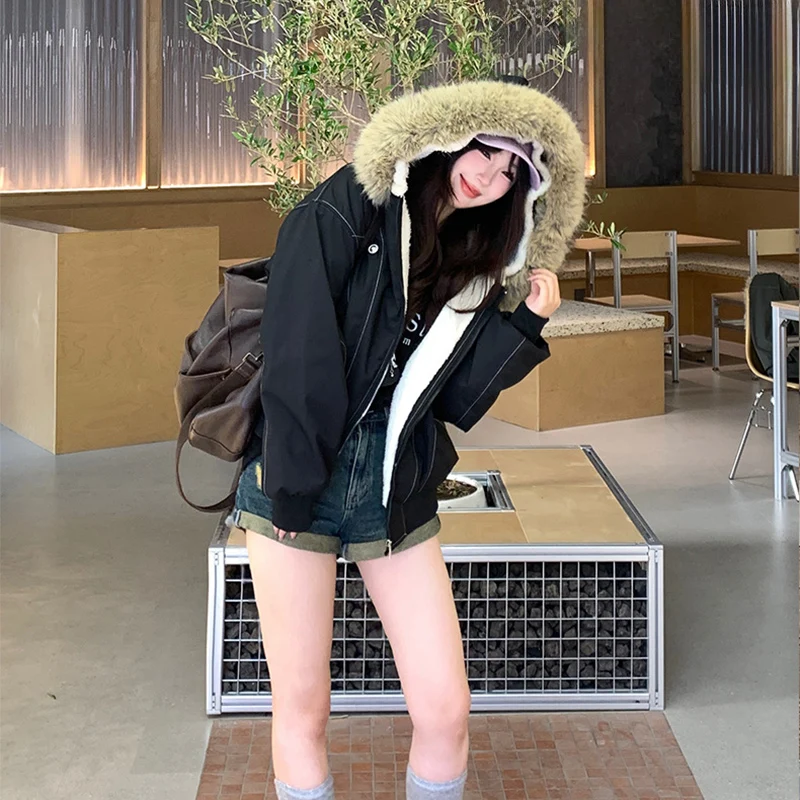 2026 American Retro Fur Collar Hooded Parkas Trend High Street Short Winter Jacket for Women Y2K Fashion Cotton Padded Outwear
