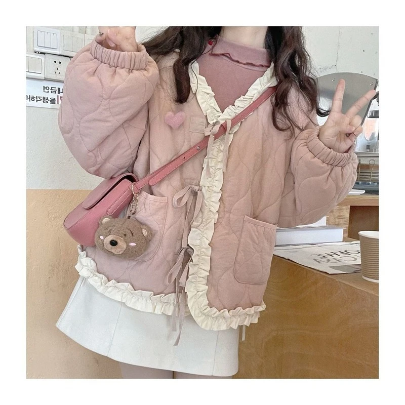 Korean Style Cute Loose Warm Winter Jacket Women Chic Ruffle Neck Sweet Parkas Overcoat Japanese Harajuku Kawai Padded Coat 2023