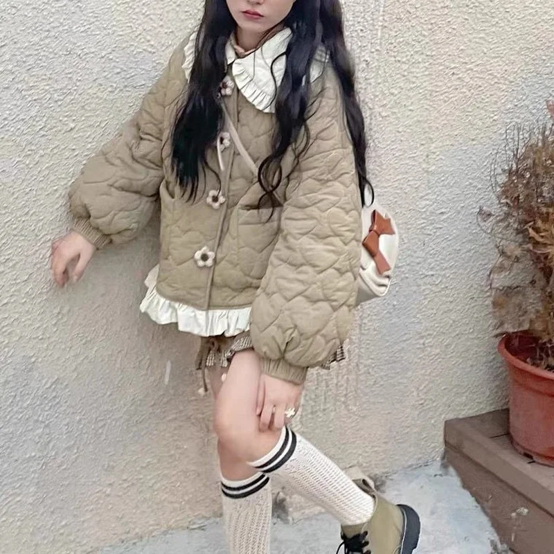 Korean Style Cute Loose Warm Winter Jacket Women Chic Ruffle Neck Sweet Parkas Overcoat Japanese Harajuku Kawai Padded Coat 2023