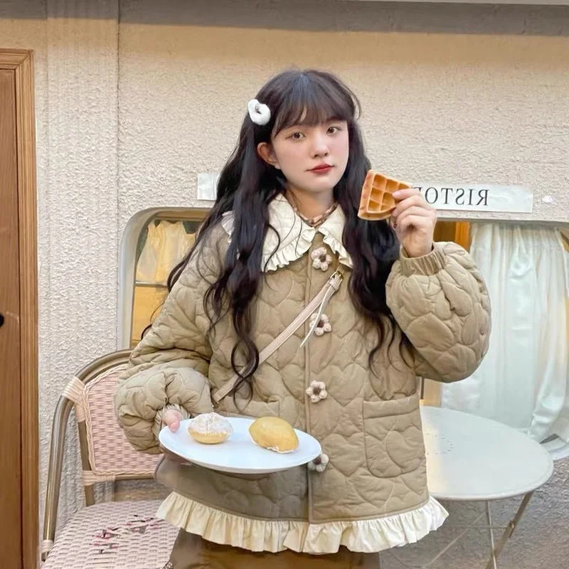 Korean Style Cute Loose Warm Winter Jacket Women Chic Ruffle Neck Sweet Parkas Overcoat Japanese Harajuku Kawai Padded Coat 2023