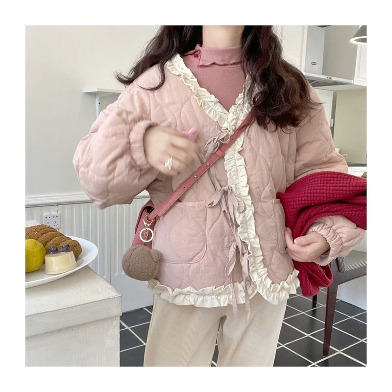 Korean Style Cute Loose Warm Winter Jacket Women Chic Ruffle Neck Sweet Parkas Overcoat Japanese Harajuku Kawai Padded Coat 2023