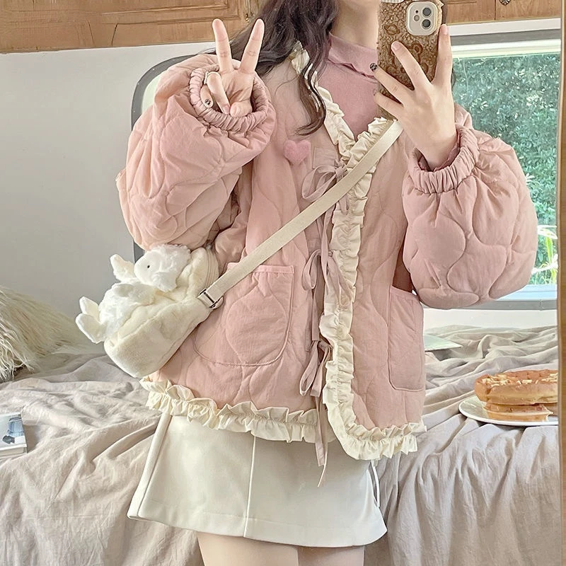 Korean Style Cute Loose Warm Winter Jacket Women Chic Ruffle Neck Sweet Parkas Overcoat Japanese Harajuku Kawai Padded Coat 2023