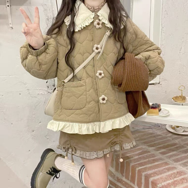 Korean Style Cute Loose Warm Winter Jacket Women Chic Ruffle Neck Sweet Parkas Overcoat Japanese Harajuku Kawai Padded Coat 2023