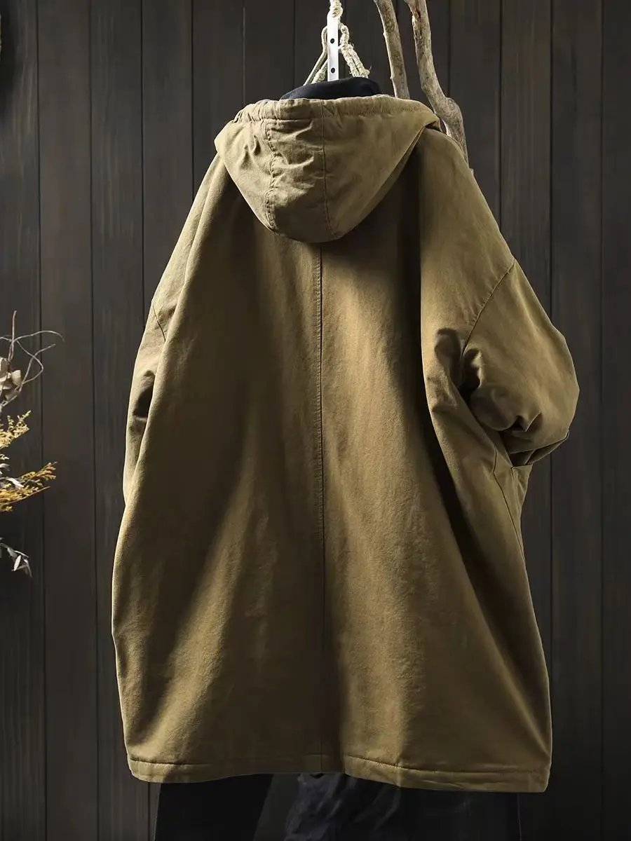 Johnature Women Vintage Hooded Warm Winter Parkas Solid Color Button Pockets Coats 2025 Plus Cotton Soft Chinese Style Parkas