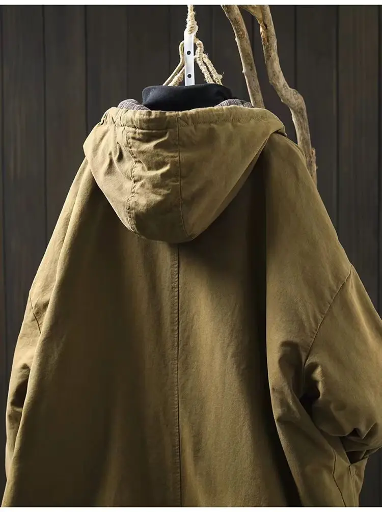 Johnature Women Vintage Hooded Warm Winter Parkas Solid Color Button Pockets Coats 2025 Plus Cotton Soft Chinese Style Parkas