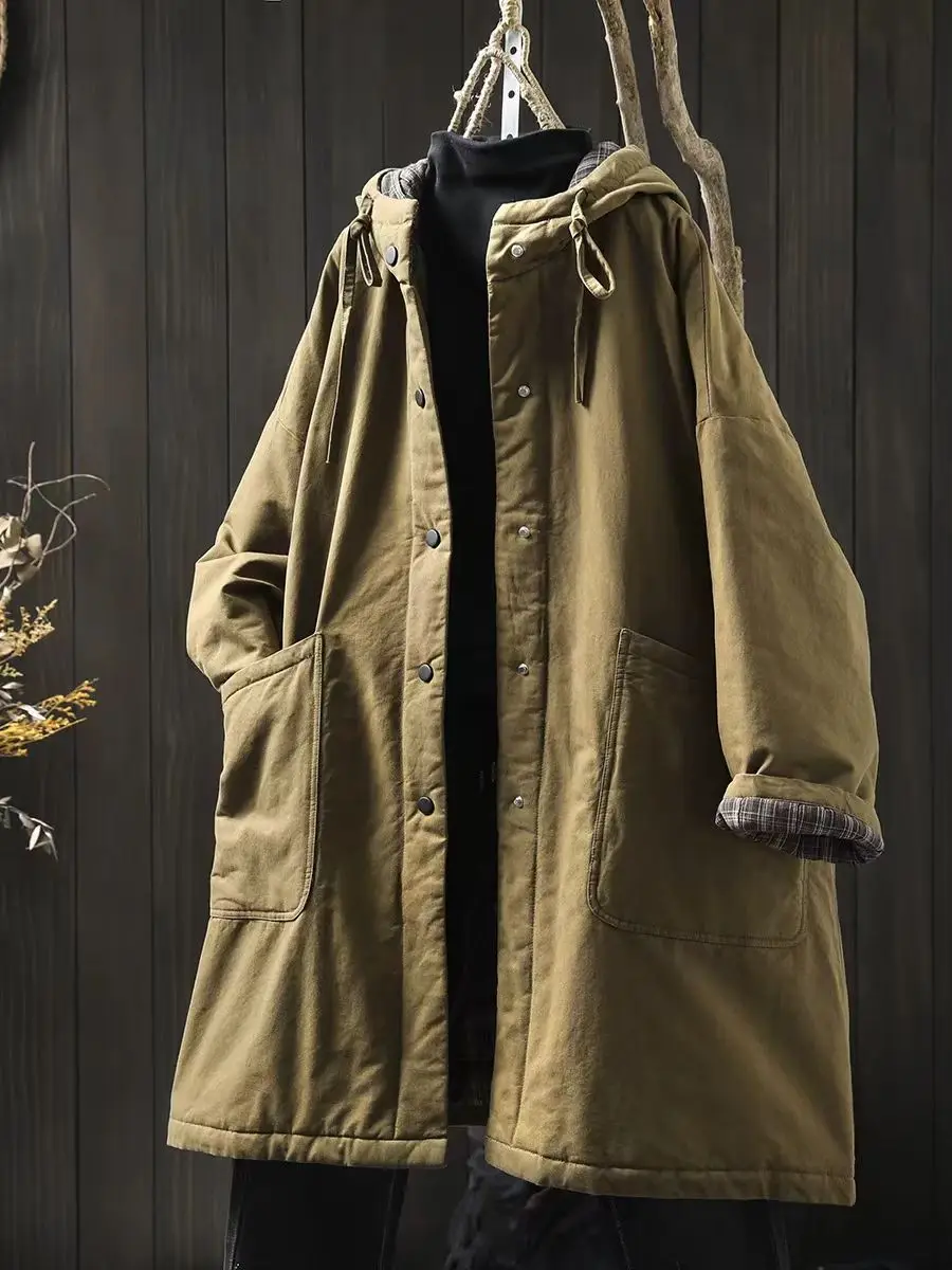 Johnature Women Vintage Hooded Warm Winter Parkas Solid Color Button Pockets Coats 2025 Plus Cotton Soft Chinese Style Parkas