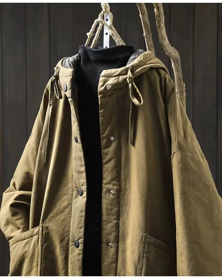 Johnature Women Vintage Hooded Warm Winter Parkas Solid Color Button Pockets Coats 2025 Plus Cotton Soft Chinese Style Parkas