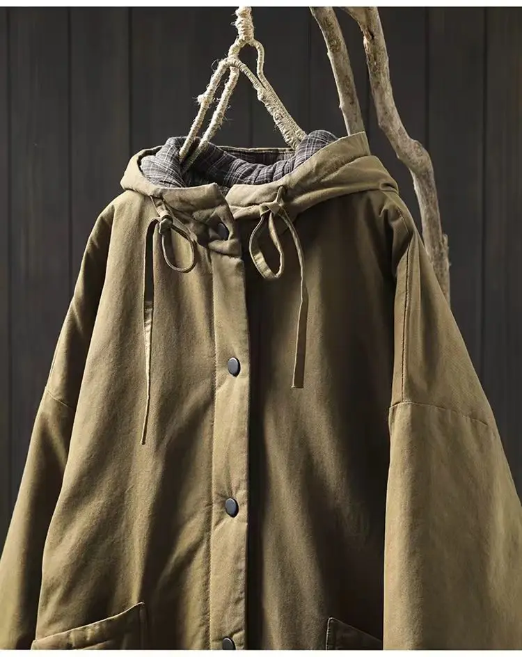 Johnature Women Vintage Hooded Warm Winter Parkas Solid Color Button Pockets Coats 2025 Plus Cotton Soft Chinese Style Parkas