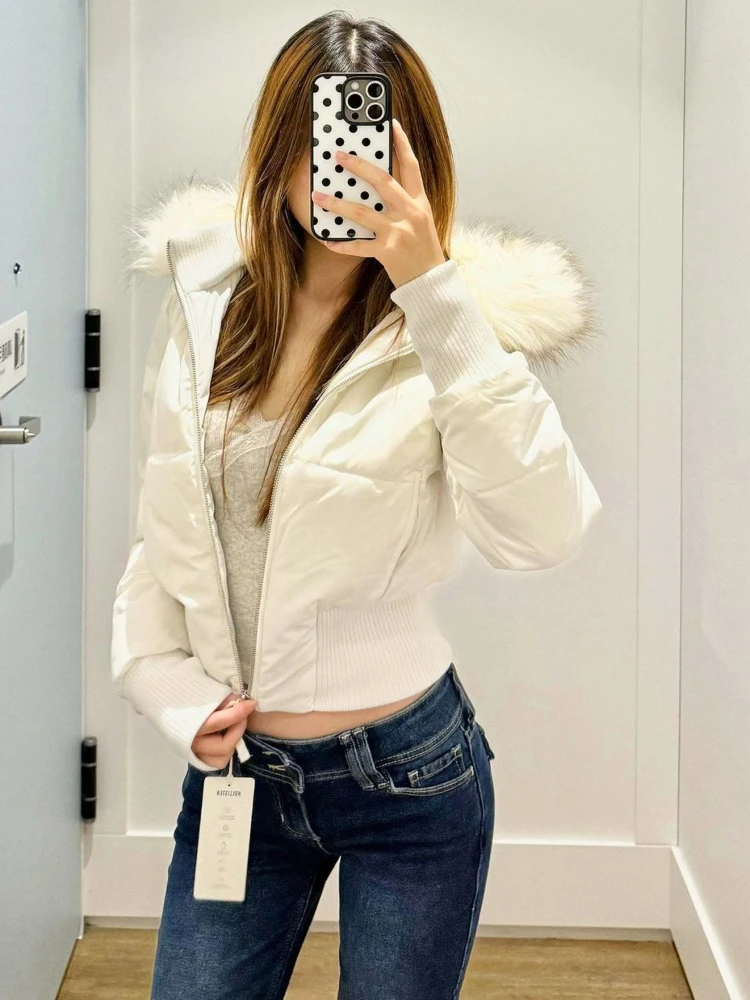 Aesthetic Vintage Short Zipper Padded Coat Women Winter Design Long Sleeve Fur Collar Outerwear Casual Retro New Down Jacket