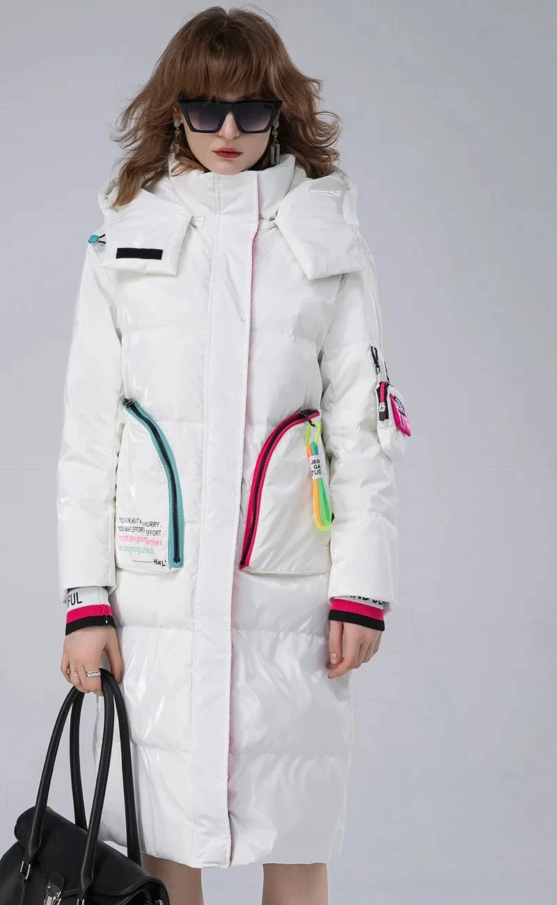 Winter Glossy Long Hooded Jacket Parka Women White Duck Down Big Pocket Knee Length Down Jacket Female Warm Down Outwears Coat