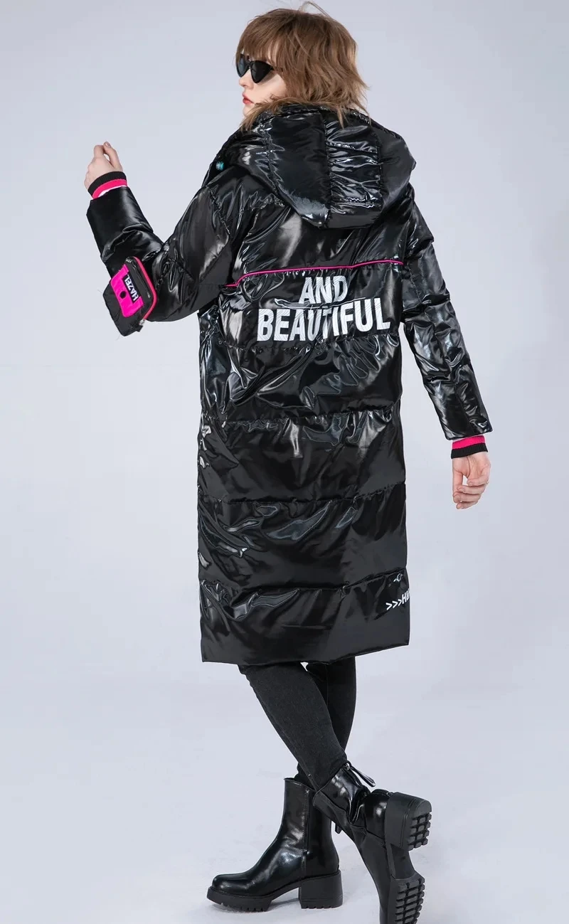 Winter Glossy Long Hooded Jacket Parka Women White Duck Down Big Pocket Knee Length Down Jacket Female Warm Down Outwears Coat