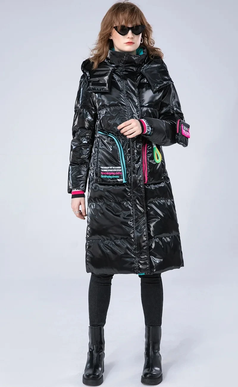 Winter Glossy Long Hooded Jacket Parka Women White Duck Down Big Pocket Knee Length Down Jacket Female Warm Down Outwears Coat