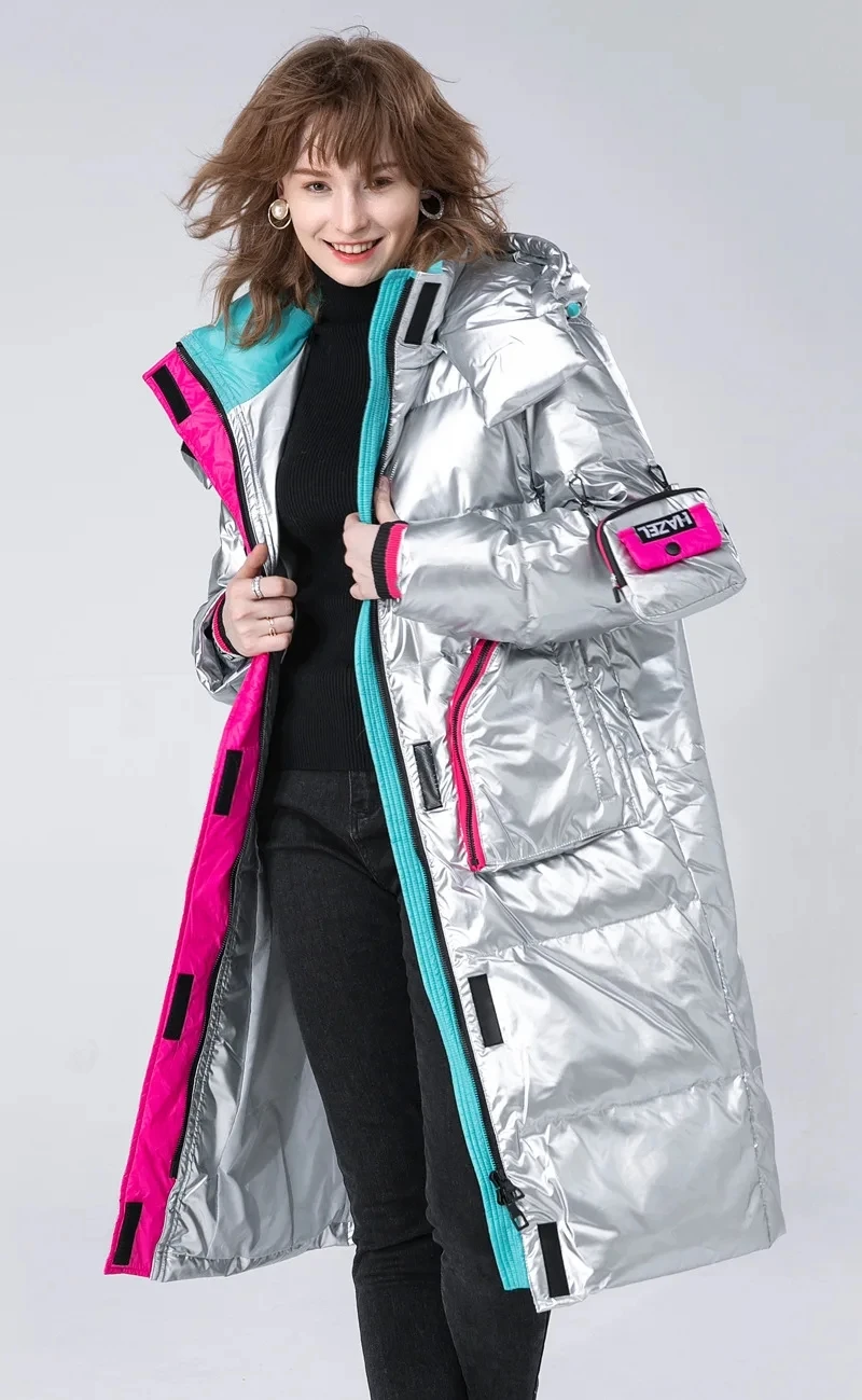Winter Glossy Long Hooded Jacket Parka Women White Duck Down Big Pocket Knee Length Down Jacket Female Warm Down Outwears Coat