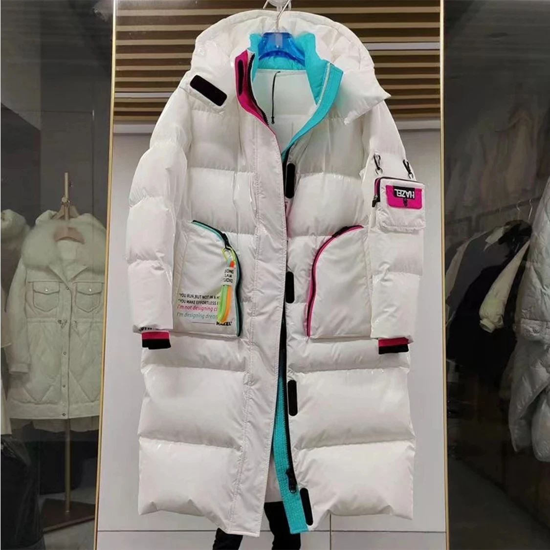 Winter Glossy Long Hooded Jacket Parka Women White Duck Down Big Pocket Knee Length Down Jacket Female Warm Down Outwears Coat