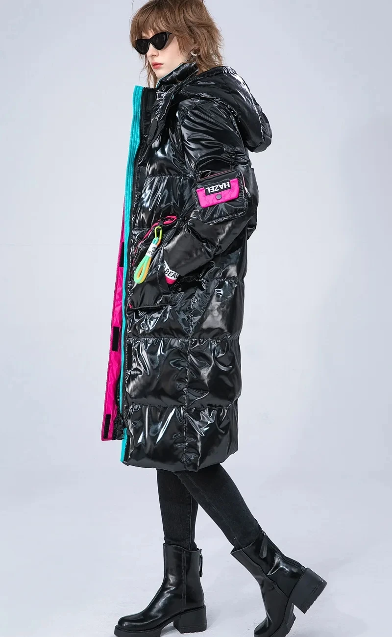 Winter Glossy Long Hooded Jacket Parka Women White Duck Down Big Pocket Knee Length Down Jacket Female Warm Down Outwears Coat