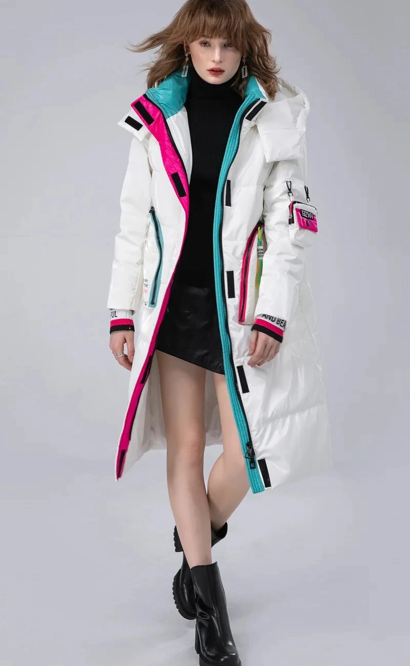 Winter Glossy Long Hooded Jacket Parka Women White Duck Down Big Pocket Knee Length Down Jacket Female Warm Down Outwears Coat