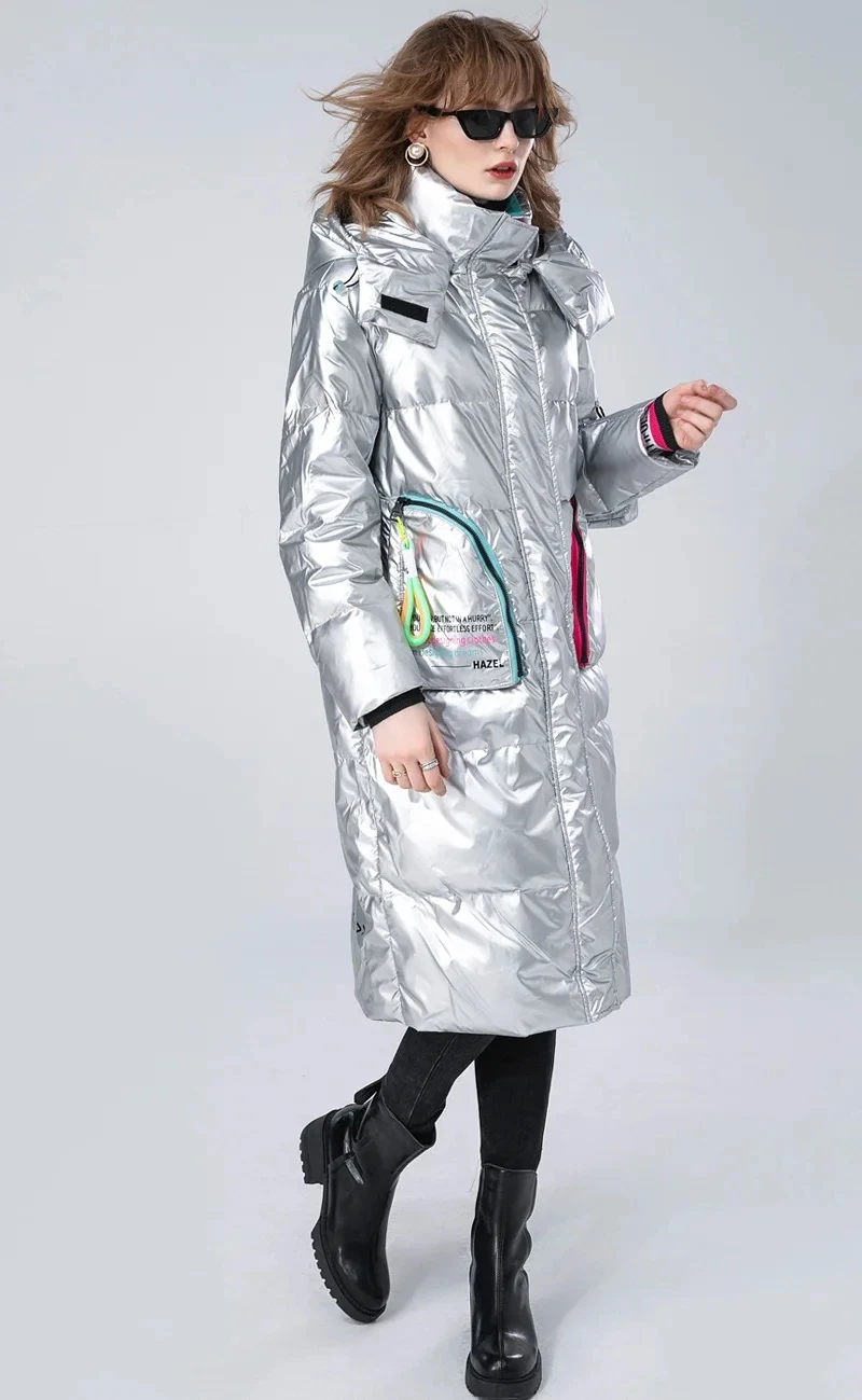 Winter Glossy Long Hooded Jacket Parka Women White Duck Down Big Pocket Knee Length Down Jacket Female Warm Down Outwears Coat