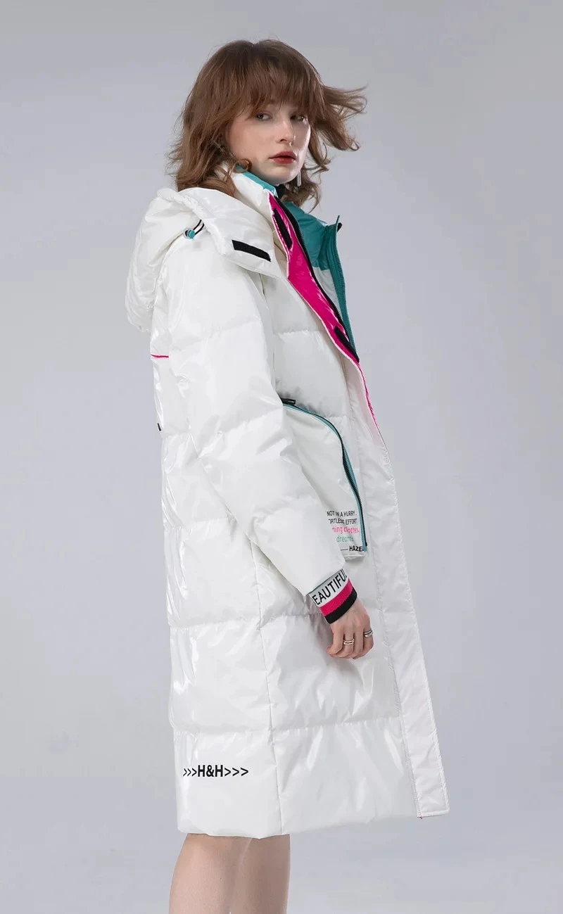 Winter Glossy Long Hooded Jacket Parka Women White Duck Down Big Pocket Knee Length Down Jacket Female Warm Down Outwears Coat