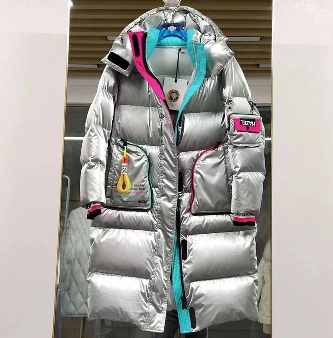 Winter Glossy Long Hooded Jacket Parka Women White Duck Down Big Pocket Knee Length Down Jacket Female Warm Down Outwears Coat