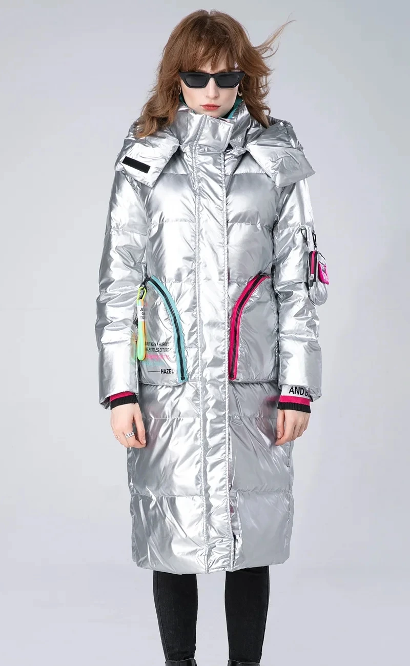 Winter Glossy Long Hooded Jacket Parka Women White Duck Down Big Pocket Knee Length Down Jacket Female Warm Down Outwears Coat