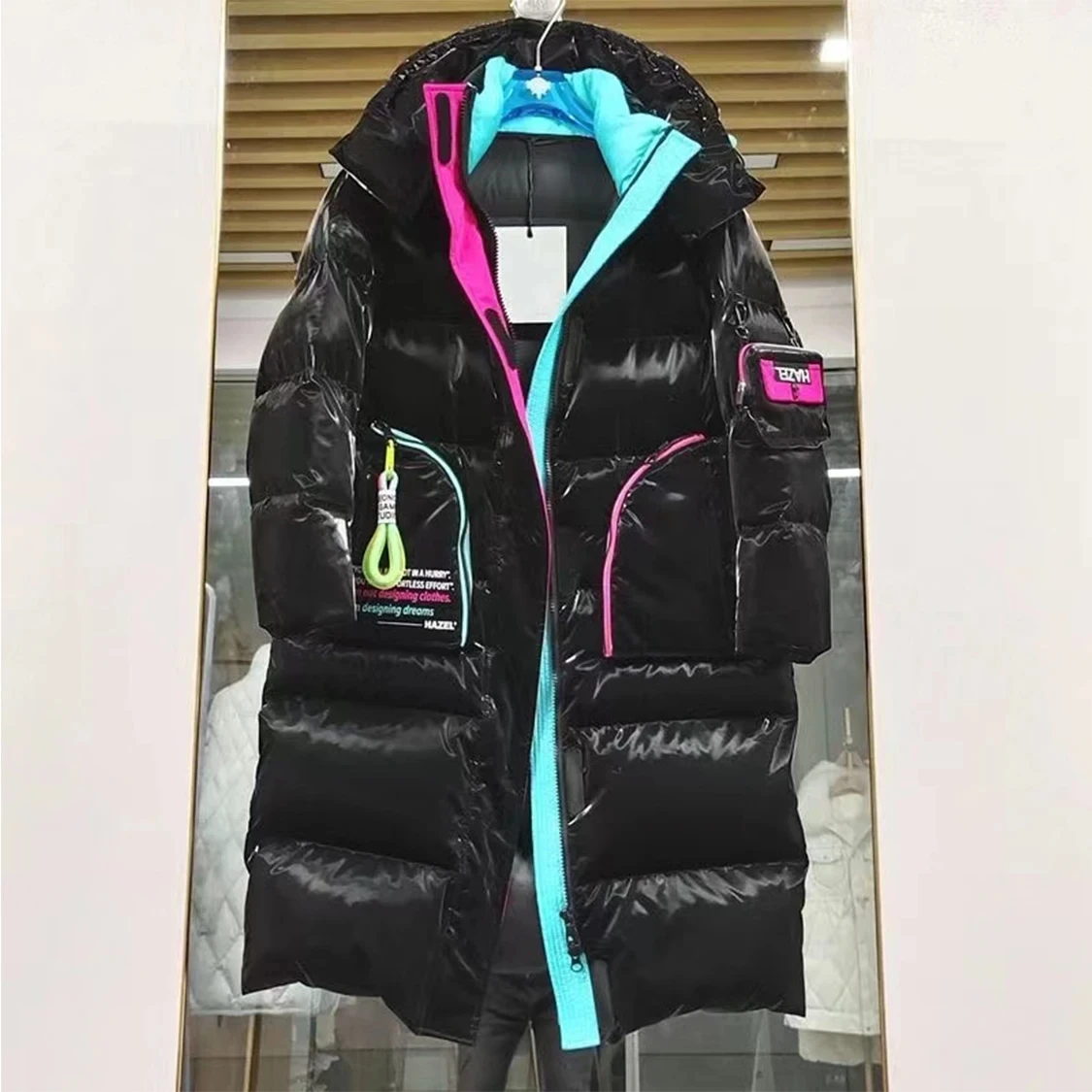 Winter Glossy Long Hooded Jacket Parka Women White Duck Down Big Pocket Knee Length Down Jacket Female Warm Down Outwears Coat