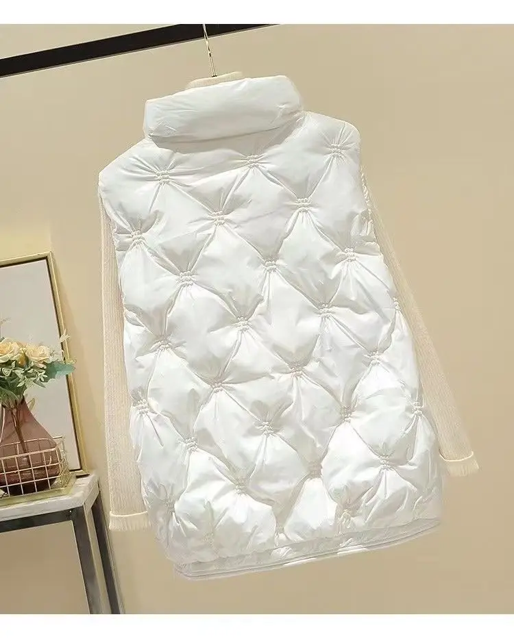 Women's Cotton Waistcoat Loose Vest Stand-up Collar Shiny Finish No-wash Sleeveless Outerwear Waistcoat Comfortable Warm Women