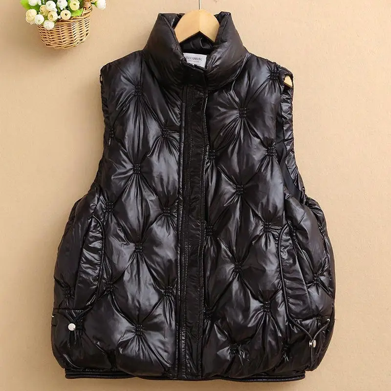 Women's Cotton Waistcoat Loose Vest Stand-up Collar Shiny Finish No-wash Sleeveless Outerwear Waistcoat Comfortable Warm Women