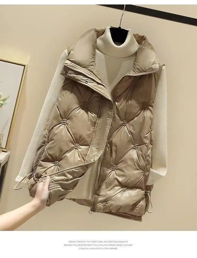 Women's Cotton Waistcoat Loose Vest Stand-up Collar Shiny Finish No-wash Sleeveless Outerwear Waistcoat Comfortable Warm Women