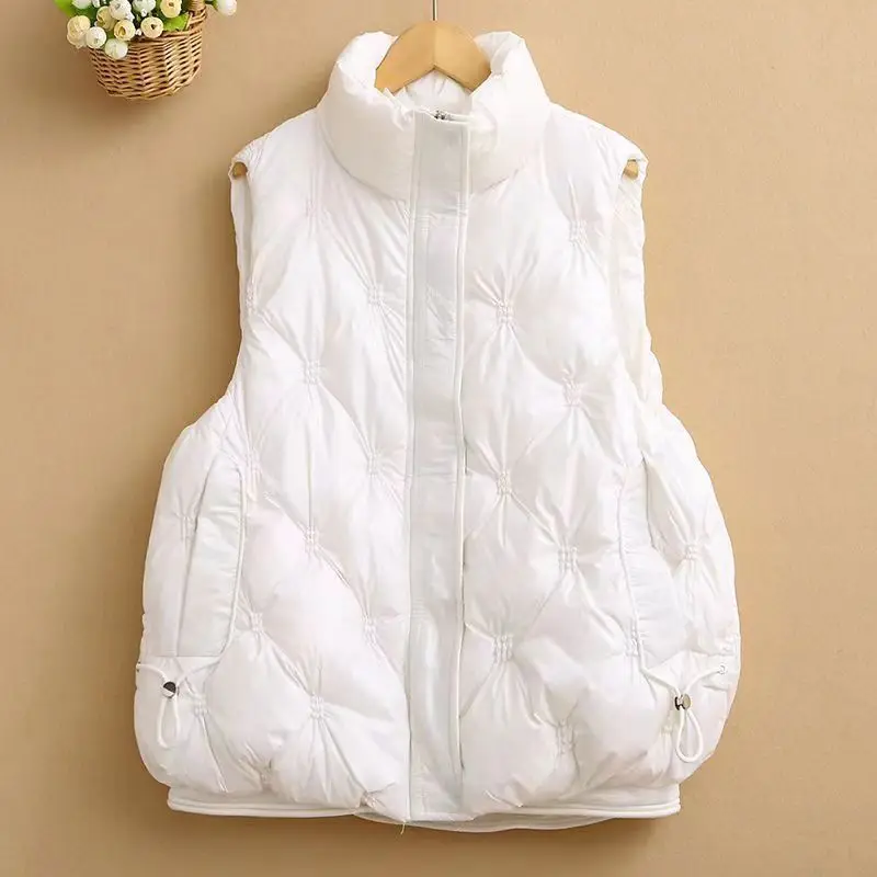 Women's Cotton Waistcoat Loose Vest Stand-up Collar Shiny Finish No-wash Sleeveless Outerwear Waistcoat Comfortable Warm Women