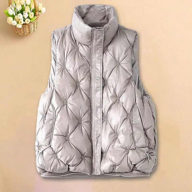 Women's Cotton Waistcoat Loose Vest Stand-up Collar Shiny Finish No-wash Sleeveless Outerwear Waistcoat Comfortable Warm Women