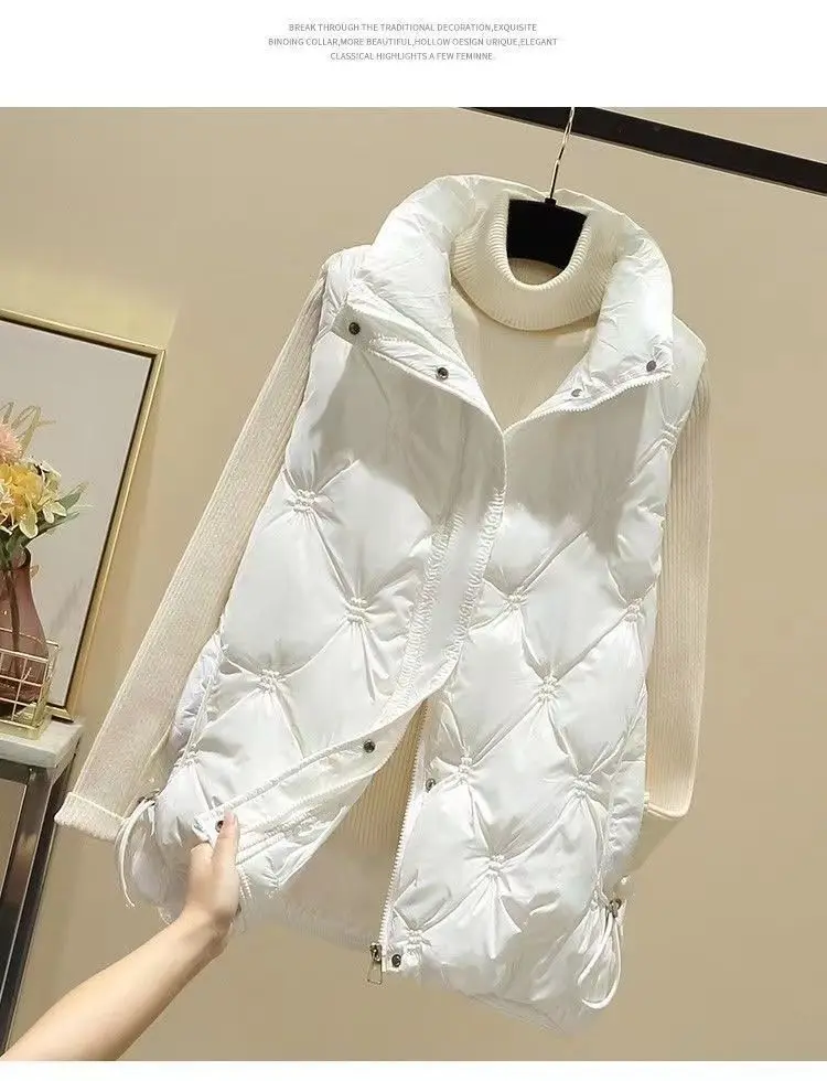 Women's Cotton Waistcoat Loose Vest Stand-up Collar Shiny Finish No-wash Sleeveless Outerwear Waistcoat Comfortable Warm Women