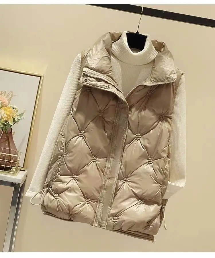 Women's Cotton Waistcoat Loose Vest Stand-up Collar Shiny Finish No-wash Sleeveless Outerwear Waistcoat Comfortable Warm Women