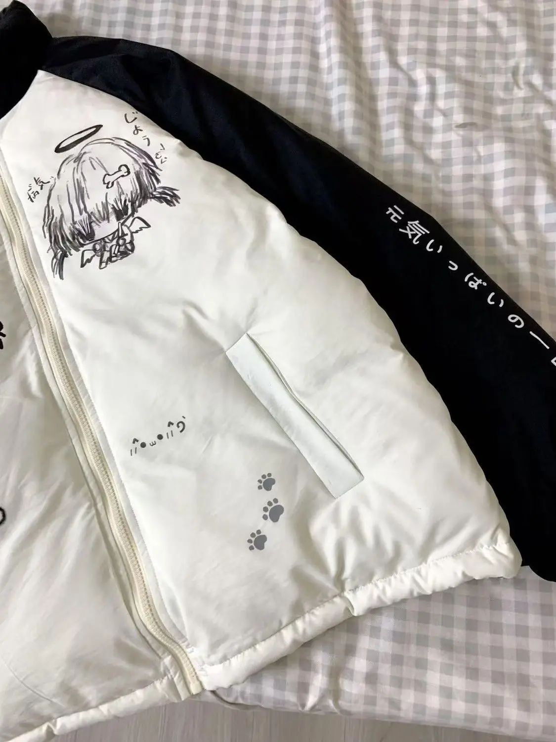 Y2k Aesthetic Contrast Patchwork Parkas Women Harajuku Japanese Cartoon Print Loose Wadded Jacket Casual Grunge Padded Coats