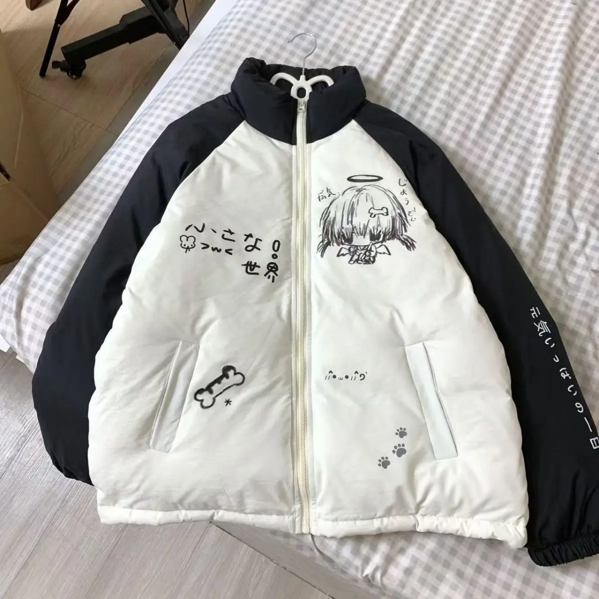 Y2k Aesthetic Contrast Patchwork Parkas Women Harajuku Japanese Cartoon Print Loose Wadded Jacket Casual Grunge Padded Coats